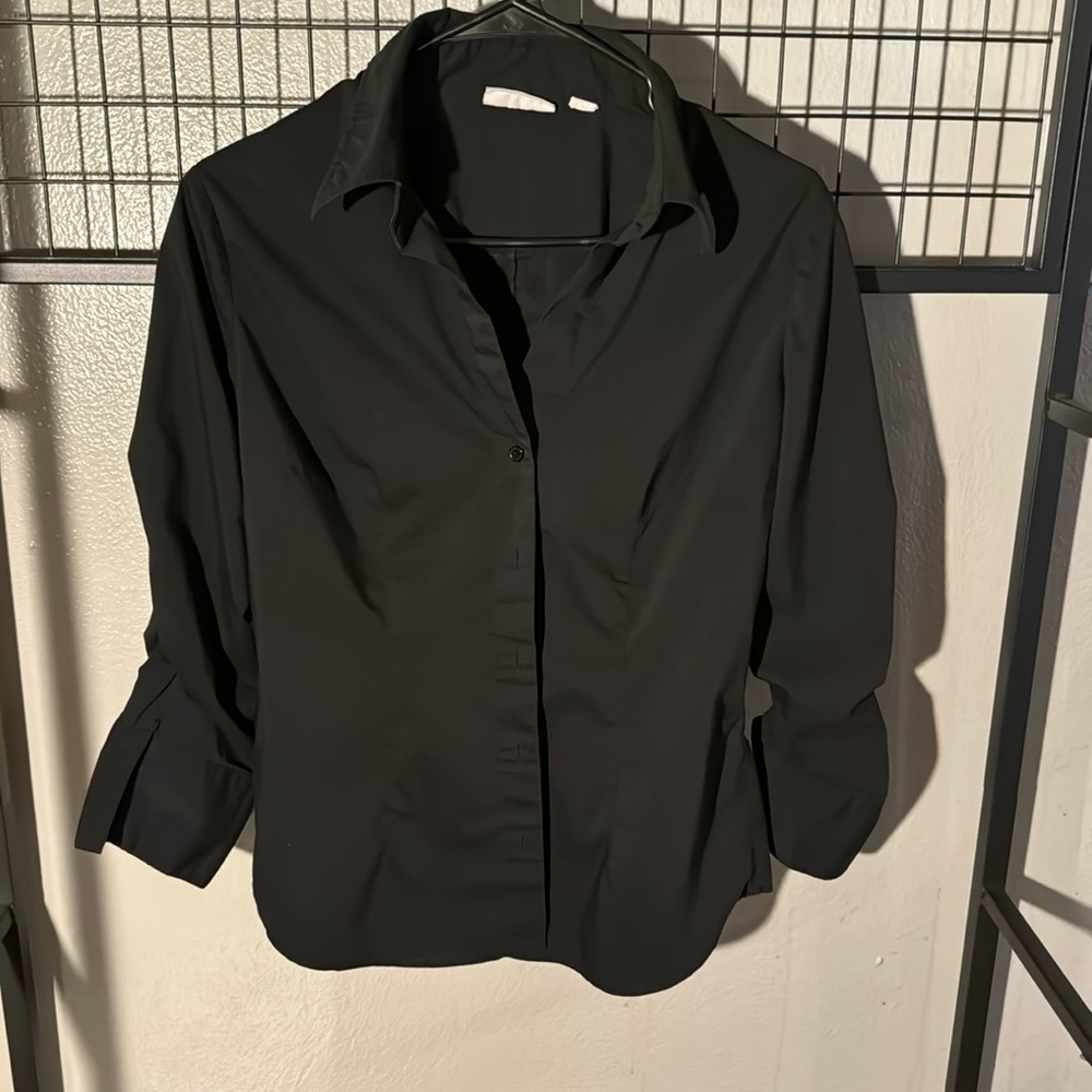 New York and company Classic Black Button-Up Shirt with 3/4 scrunched sleeves